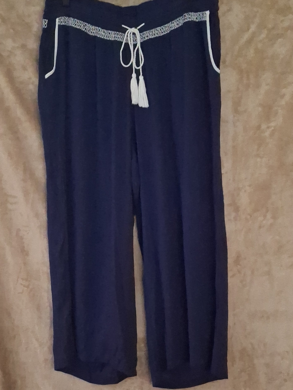 new directions Navy Wide-Leg Drawstring Pants with White Tassel